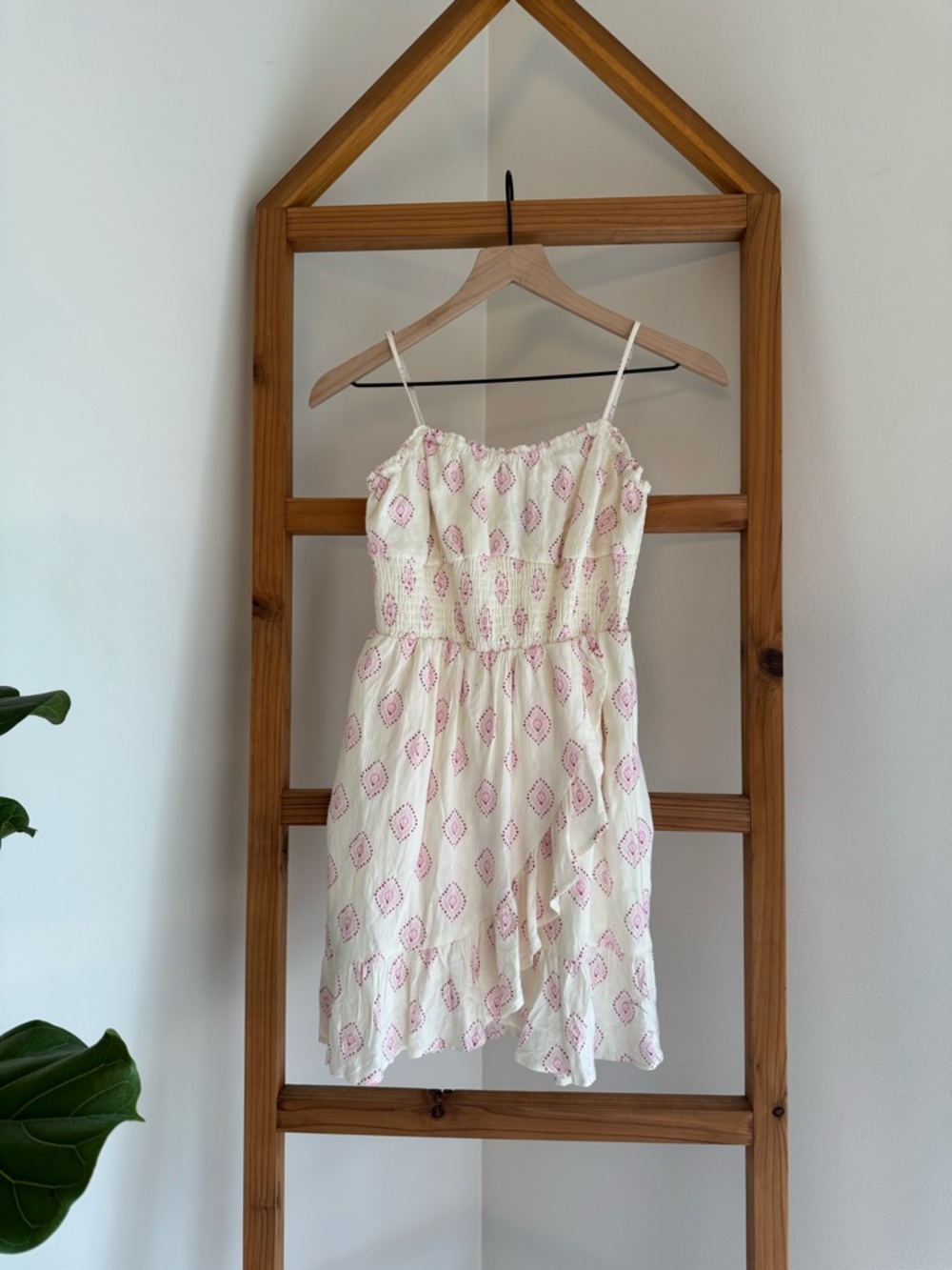 Girls' Cream Sundress with Pink Diamond Print - Spaghetti Strap Casual Dress